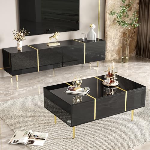 Moderner Hochglanz, TV-Schrank und Couchtisch Set, MDF, Gesamtabmessungen(cm):170 L x 35 B x 46 H / 100 L x 60 B x 41.5 H (Schwarz) von SUKY