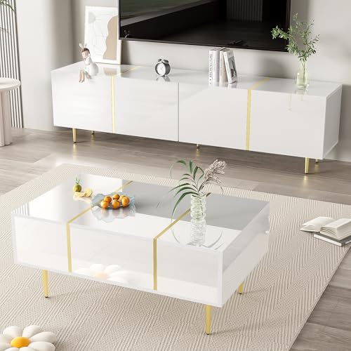Moderner Hochglanz, TV-Schrank und Couchtisch Set, MDF, Gesamtabmessungen(cm):170 L x 35 B x 46 H / 100 L x 60 B x 41.5 H (Weiß) von SUKY
