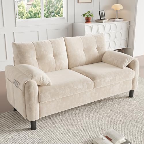 Modernes 2-Sitzer Sofa, bequemes Polstersofa, gemütliche Couch für Wohnzimmer, Schlafzimmer, kleine Wohnung, Polstermöbel im skandinavischen Design, 158 * 80 * 88.5cm (Beige-Schwarze Beine) von SUKY