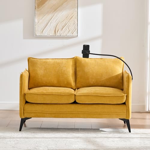 Modernes Doppelsofa Kleines Stoffsofa Sessel mit Lagerung Seitentasche + einstellbare Handy-Halter Geeignet für Wohnzimmer/Balkon/Schlafzimmer (Gelb) von SUKY
