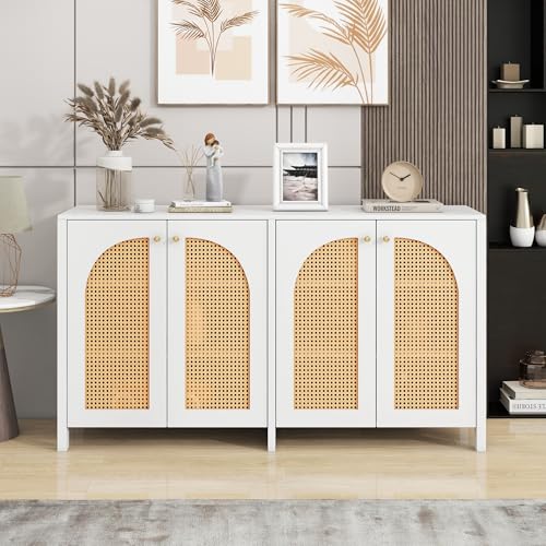 Modernes Sideboard im minimalistischen Stil 4-Rattantür, Metallgriff einfaches Buffetschrank für Esszimmer, Wohnzimmer, Küche, 145 x 40 x 80cm (weiß) von SUKY