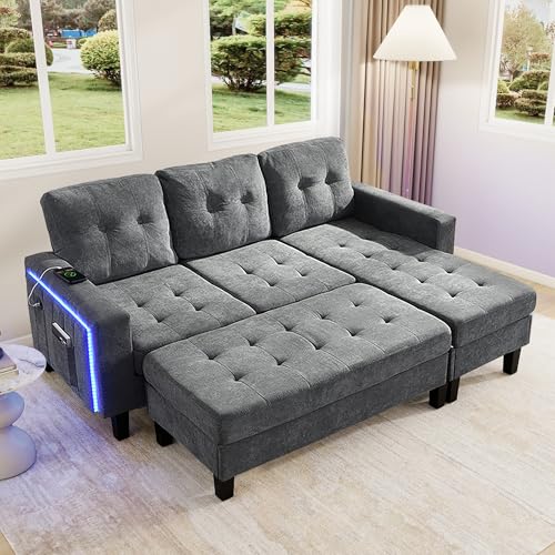 Multifunktionale L-Form Wohnzimmer-Sofagruppe: Mit extra großer beweglicher Fußbank + LED-Ambiente-Beleuchtung, Modernes modulares Sofabett, Dreisitzer-L-Form-Sofa + Zweisitzer-Fußbank (Antikgrau) von SUKY