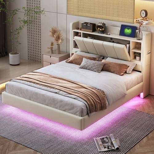 Polsterbett, 140 x 200 cm, Doppelbett Beige, Mit USB-Steckdose und Lichtleiste, Wendbares Kopfteil mit Ablagefächern und Einlegeböden mit kleinen Ablagefächern, Stabiler Metallrahmen, Leinenstoff Polsterbett, 140 x 200 cm, Doppelbett Beige, Mit USB-Steckdose und Lichtleiste, Wendbares Kopfteil mit Ablagefächern und Einlegeböden mit kleinen Ablagefächern, Stabiler Metallrahmen, Leinenstoff von SUKY