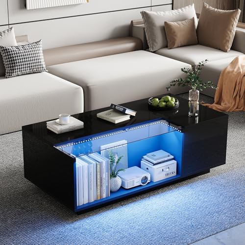 SUKY Couchtisch mit LED, 100 x 50 x 35cm, Wohnzimmertisch aus gehärtetem Glas, Sofatisch mit viel Stauraum und 2 Schubladen, Hochglanz Kaffeetisch, Beistelltisch, Schwarz SUKY Couchtisch mit LED, 100 x 50 x 35cm, Wohnzimmertisch aus gehärtetem Glas, Sofatisch mit viel Stauraum und 2 Schubladen, Hochglanz Kaffeetisch, Beistelltisch, Schwarz von SUKY