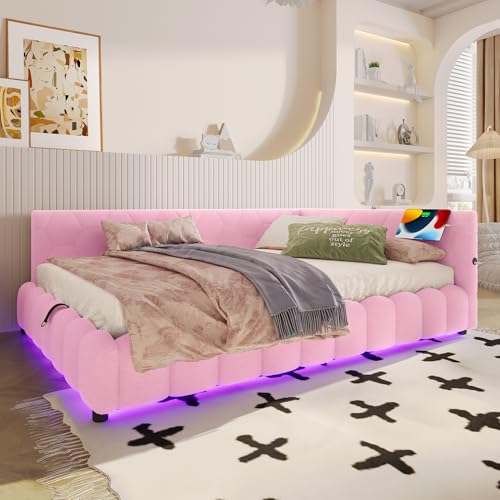 SUKY Daybett, 140 * 200cm, Tagesbett, Schlafsofa, Bett mit Lattenrost (ohne Matratze), mit LED-Lichtleiste, mit hydraulischem Hebemechanismus, USB-Anschluss, Komfortmaterial, Typ-C, Vliesimitat, Rosa von SUKY
