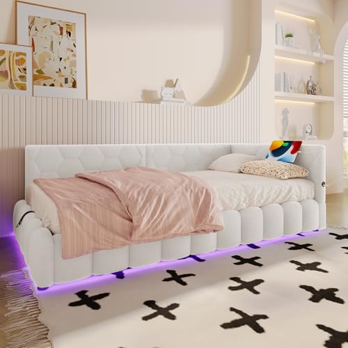 SUKY Daybett, 90 * 200cm, Tagesbett, Schlafsofa, Bett mit Lattenrost (ohne Matratze), mit LED-Lichtleiste, mit hydraulischem Hebemechanismus, USB-Anschluss, Komfortmaterial, Typ-C, Vliesimitat, Weiß von SUKY