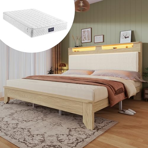 SUKY Doppelbett Holzbet, 140×200cmt, Kopfteil mit Stauraum, Beigefarbener Cordpolster-Rückenlehne, Bettrahmen mit Holzlatten, Ohne Matratze&Bettbank, Heller Eiche, Mit Matratze,Ohne Bettbank SUKY Doppelbett Holzbet, 140×200cmt, Kopfteil mit Stauraum, Beigefarbener Cordpolster-Rückenlehne, Bettrahmen mit Holzlatten, Ohne Matratze&Bettbank, Heller Eiche, Mit Matratze,Ohne Bettbank von SUKY