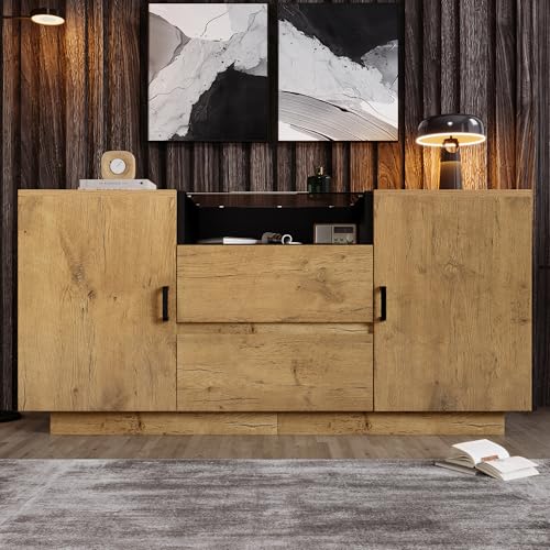 SUKY Eichenoptik Kommode Sideboard, H70/B140/T40 cm mit 2 Schubladen + 2 Schränken (innen höhenverstellbar) & offenem Fach - ESG-Glas & Schwarze Griffe von SUKY