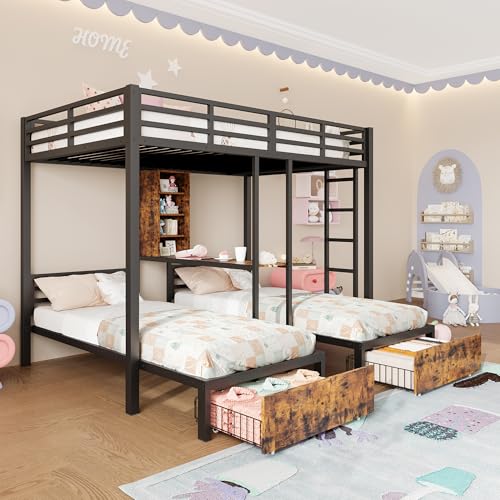 SUKY Etagenbett, 140 * 200 cm + 90 * 200 cm, 3 Betten, mit Seitengittern, mit Staufächern, 2 Schubladen, Regalen, schwarz, ohne Matratze von SUKY