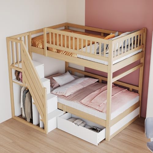 SUKY Etagenbett Aus Massivholz, Mit Hohem Sicherheitsgitter, Mit Lattenrost, Sicherheitsleiter mit Stauraum, Kinderbett Jugendbett, Mit Stauschubladen (Holzfarbe, 90 * 200 cm) von SUKY