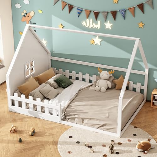 SUKY Flachbett, Kinderbett, 140 X 200 cm, Hausleiste, Geländer, Kiefernholz, MDF (Weiß) von SUKY