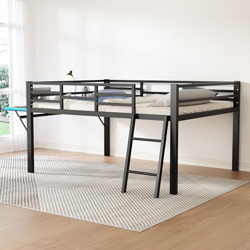 SUKY Flachbett,140 x 200 cm, Schwarz, Metallbett, Ohne Matratze, Geländer, Leiter, Schreibtisch, Ferngesteuertes LED-Lichtband, Metall von SUKY