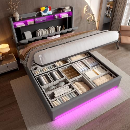SUKY Gepolsterter Bettrahmen, 140 x 200cm mit LED-Beleuchtung, USB Type-C-Ladefunktion und Unterbettaufbewahrung, hydraulischer Stauraum-Bettrahmen, Stauraum-Kopfteil, Ohne Matratze, Beige von SUKY