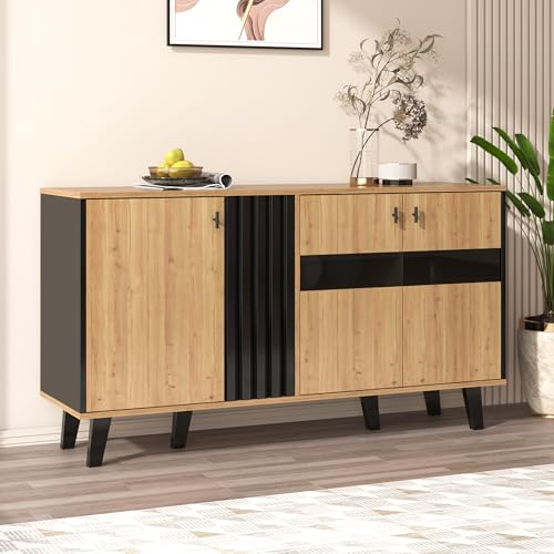 SUKY Großes Sideboard, 140 x 78.5 x 41 cm, farblich abgestimmtes Design-Sideboard aus Holz und Schwarz mit Stauraum, Schrank mit LED-Licht und Glas, vielseitig einsetzbar SUKY Großes Sideboard, 140 x 78.5 x 41 cm, farblich abgestimmtes Design-Sideboard aus Holz und Schwarz mit Stauraum, Schrank mit LED-Licht und Glas, vielseitig einsetzbar von SUKY