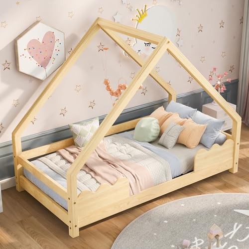 SUKY Hausbett Kinderbett, 90 x 200cm mit Rausfallschutz Spielbett Jugendbett Massivholz, Natur von SUKY