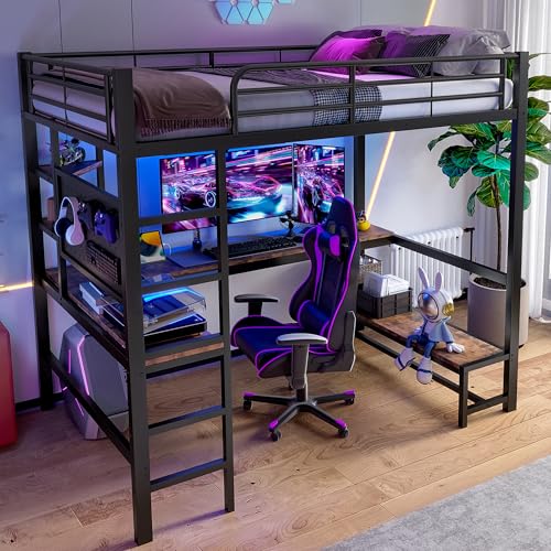 SUKY Hochbett, 90 x 200cm, Eisenrahmen, Schreibtisch, Geländer, Trittleiter, mehrere Ablagen, mit USB+Type-c Steckdose, mit Lochbrett, mit LED Leiste, ohne Matratze, schwarz von SUKY