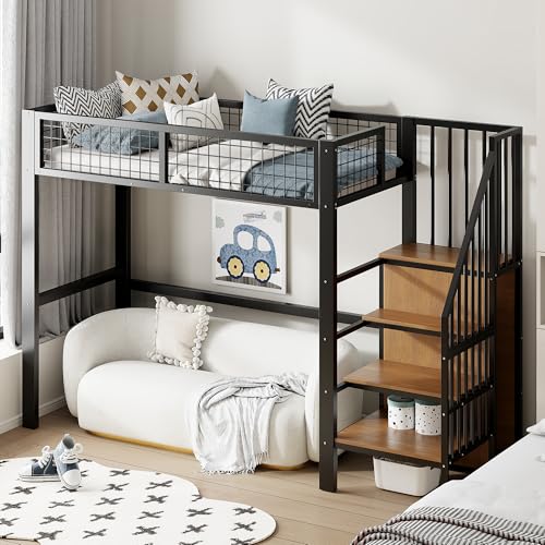 SUKY Hochbett, 90 * 200cm mit Leiter, Kinderbett mit Eisenrahmen und Aufbewahrungsregal, Kleiderschrank, schwarz von SUKY