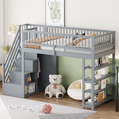 SUKY Hochbett 90 x 200 cm, Hochzaun-Sicherheitsdesign mit Kleiderschrank, Massivholzbett, Regalen und Stauraum mit Sicherheitskletterleiter, Multifunktionsbett (Grau) von SUKY