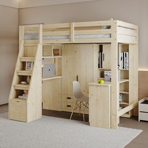 SUKY Hochbett 90 x 200 cm, Holzfarbe, Arbeitstisch mit Regalen und Schränken, Sicherheitskletterleiter mit Stauraum, mit Stauschubladen, Einzelbett Jugendbetten Kinderbetten, Massivholzrahmen von SUKY
