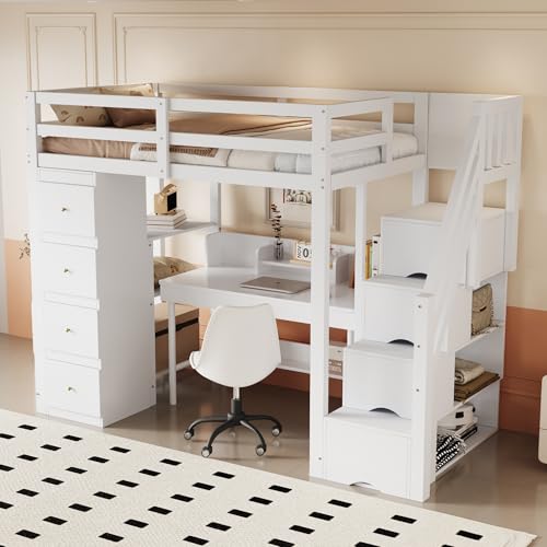SUKY Hochbett 90x200cm mit Mehrstöckigem Regal Stauraumschubladen, Sicherer Leiter Mit Stauraumschubladen, Multifunktionales Massivholzbett (Weiß) von SUKY