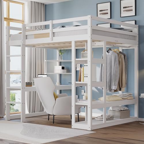 SUKY Hochbett mit Leiter Massivholz, 140 * 200 cm, Mit Tisch und Regalen, Mit Einfachen Aufhängungen und Ablage Laminat, Doppelbetten, Kinderbetten Jugendbetten, Weiß von SUKY