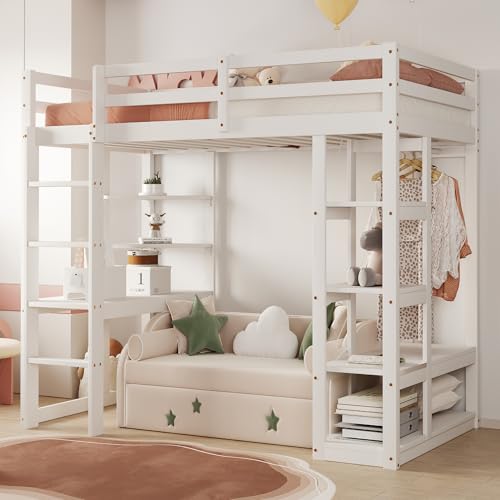 SUKY Hochbett mit Leiter Massivholz, 90 * 200 cm, Mit Tisch und Regalen, Mit Einfachen Aufhängungen und Ablage Laminat, Doppelbetten, Kinderbetten Jugendbetten, Weiß von SUKY