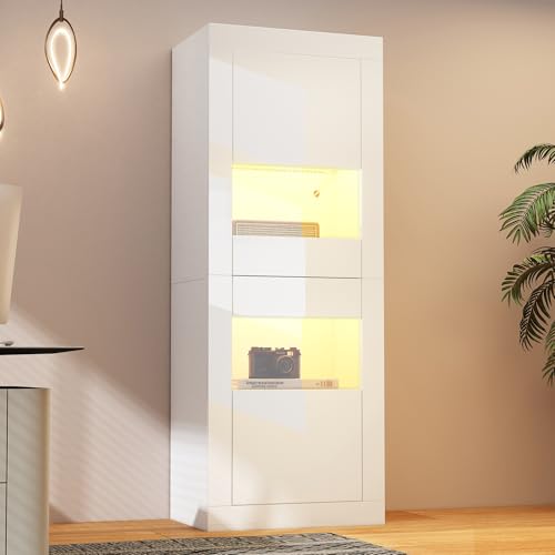 SUKY Hochglanzweiß Vitrine mit LED-Beleuchtung, 1 Glasboden, Vitrine, freistehende Vitrine, Hochschrank, Lagerschrank, 61 x 42 x 162 cm von SUKY