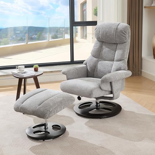 SUKY Komfortabler Relaxsessel mit Massage und Wärmefunktion, 360° drehbar, Liegefunktion & Hocker, Chenille-Stoff (Grau) von SUKY