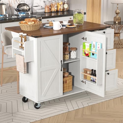 SUKY Kücheninsel, Servierwagen mit ausziehbarer Arbeitsplatte, Küchenschrank, Speisewagen mit Holzmaserung, Küchentrolley, Speisewagen mit Zwei Türen und DREI Schubladen (Beige) von SUKY