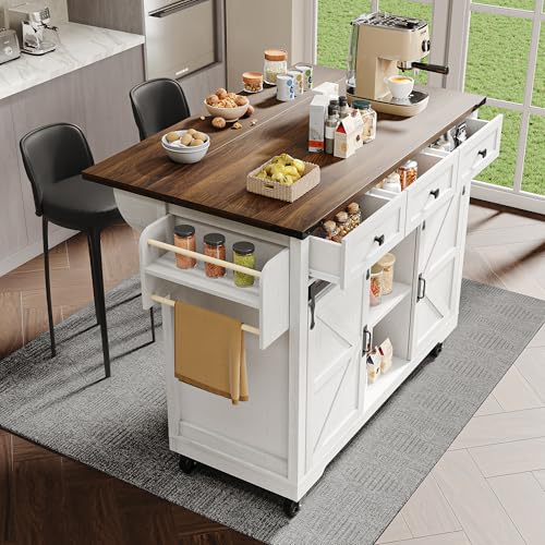 SUKY Kücheninsel, Servierwagen mit ausziehbarer Arbeitsplatte, Küchenschrank mit 2 Schiebetüren und 3 Schubladen, Küchenwagen auf Rollen,Speisewagen mit Holzmaserung,Küchenschrank (Beige) von SUKY