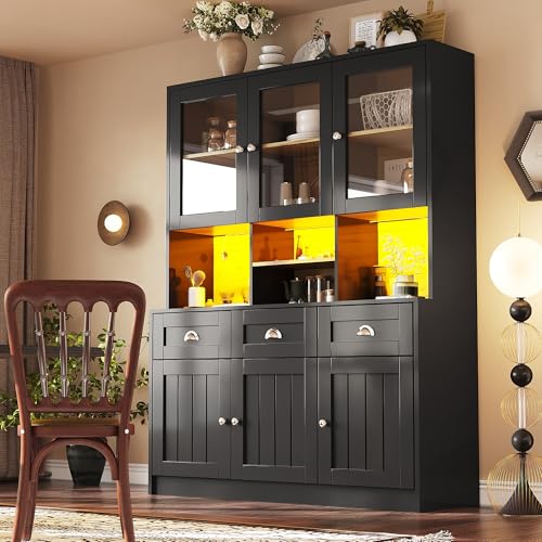 SUKY Küchenschrank(140 × 40 × 175cm), Hochschrank Küchenbuffet, Vitrinenschrank, Buffetschrank mit Verstellbaren Ablagen, Variable Lichtfarben, Sideboard mit LED-Beleuchtung (Schwarz) von SUKY