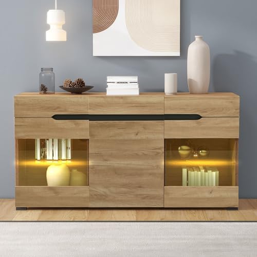 SUKY LED Sideboard Schrank Modern Wohnzimmer Anrichte Möbel 3 Türen 3 Schubladen Moderne Kommode mit viel Stauraum für Ihren Wohnbereich, 140 x 35 x 80 cm von SUKY