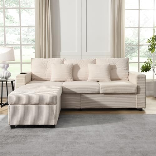 SUKY Moderne LED-Sofakombination 5-Kissen-Supreme-Set mit wolkenartigem Sitzgefühl: 3-Sitzer-Sofa + übergroßer Abnehmbarer Ottoman,Hochbelastbares modulares Wohnzimmermöbel in L-Form (Antikgrau) von SUKY