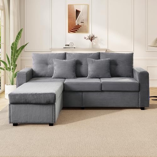 SUKY Moderne LED-Sofakombination 5-Kissen-Supreme-Set mit wolkenartigem Sitzgefühl: 3-Sitzer-Sofa + übergroßer Abnehmbarer Ottoman,Hochbelastbares modulares Wohnzimmermöbel in L-Form (Beige) von SUKY