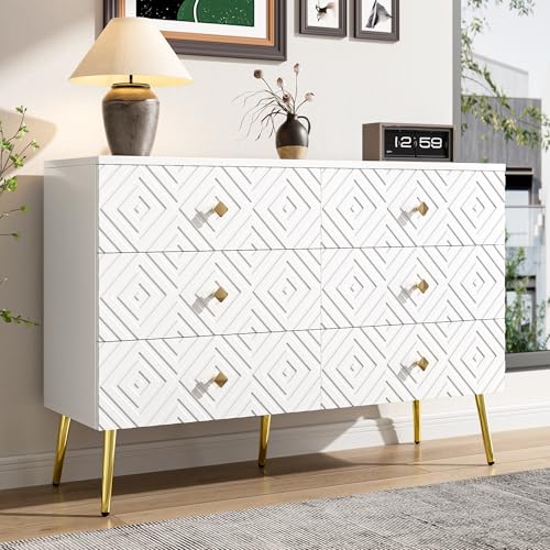 SUKY Moderner 6-Schubladen-Kommode, 120 x 40 x 80cm, Elegantes Weiß mit Gold – Perfekt für Schlafzimmer & Wohnzimmer von SUKY