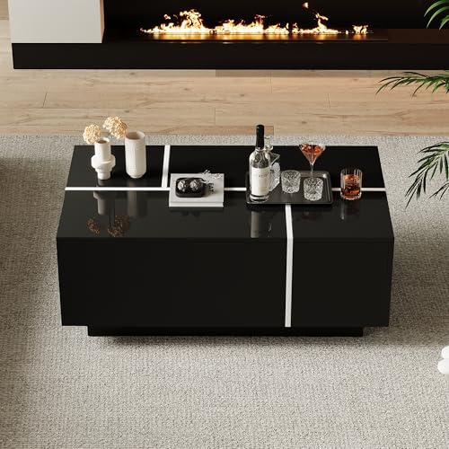 SUKY Moderner quadratischer Couchtisch, 100 x 60 x 40 cm, Sofatisch in Patchwork-Farben mit Hochglanzoptik, Wohnzimmertisch mit Vier Schubladen, verschiebbare Tischplatte (schwarz) von SUKY