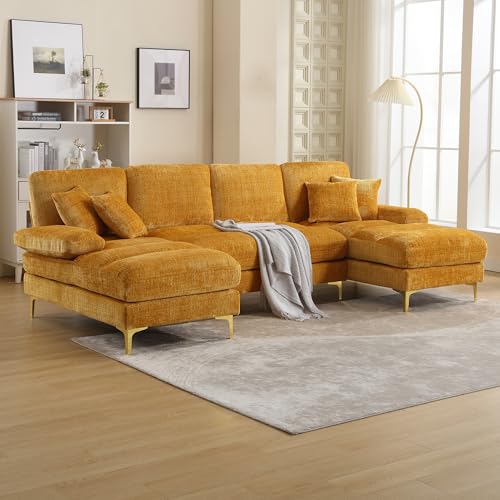 SUKY Modernes großes Chenille U-Shape Sektionssofa mit doppelten Liegesitzen für Wohnzimmer Schlafzimmer Büro Wohnung Villa Wohnzimmer Zuhause am Kamin, 272 x 136 x 88cm (Senfgelb) von SUKY