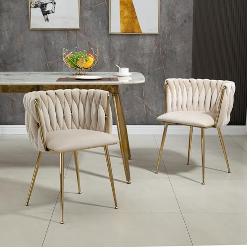 SUKY Modernes luxuriöses Samt-Esszimmerstuhl-Set mit goldenen Metallbeinen(2er-Set), elegantem handgewebtem Design und weichen Kissen für Esszimmer, Wohnzimmer und Schlafzimmer (Beige) von SUKY