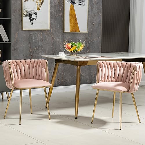 SUKY Modernes luxuriöses Samt-Esszimmerstuhl-Set mit goldenen Metallbeinen (2er-Set), elegantem handgewebtem Design und weichen Kissen für Esszimmer, Wohnzimmer und Schlafzimmer(Rosa) von SUKY