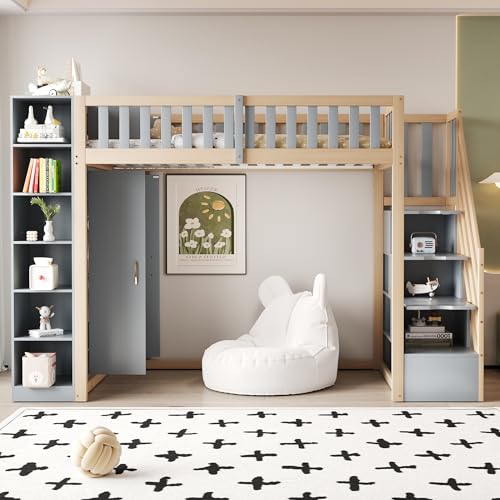 SUKY Multifunktionales Hochbett 90 x 200cm mit Regalen, Sicherheitsleiter mit Ablagefächern, Stauschrank und großem Kleiderschrank (Grau + Rohholzfarben) von SUKY