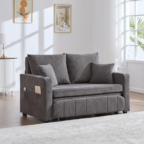 SUKY Multifunktionales Stoffsofa Klappbares Ausziehsofa Kleines Wohnzimmersofa mit Zwei Funktionen Abnehmbar und waschbar Mit Aufbewahrungstasche Mit Becherhalter, 139 * 83 * 58cm (Grau) von SUKY