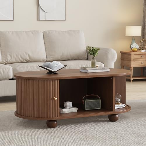 SUKY Nussbaum Couchtisch mit Stauraum und Schiebetüren platzsparendes Multifunktionsmöbel in Holzfarben,Sofatisch mit 360 Grad Schiebetür,kaffeetisch mit 4 Beinen, 100 * 50 * 40 cm von SUKY