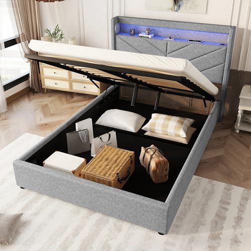 SUKY Polsterbett, 140 x 190 cm, Grau, Ambientebeleuchtung mit Fernbedienung, Bett mit Hydraulik, Mit USB und Stereoanlage, Leinen, Ohne Matratze von SUKY