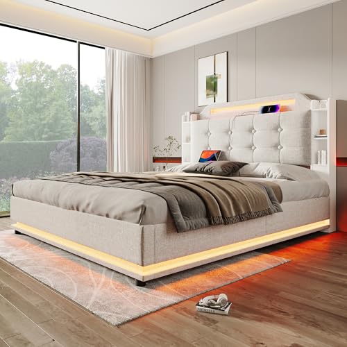 SUKY Polsterbett, 140 x 200cm, Mit LED-Lichtleiste, hydraulischer Stauraum, mehrere Ablagefächer, Leinen, ohne Matratze (Beige) von SUKY