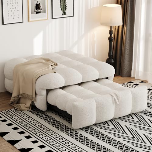 SUKY Polsterbett, Einzelbett, 2-in-1-Fußhocker, Ausziehbares Schlafsofa, Puffy-Bett,Teddy-Stoff, 183 x 76 x 42 cm (Beige) von SUKY