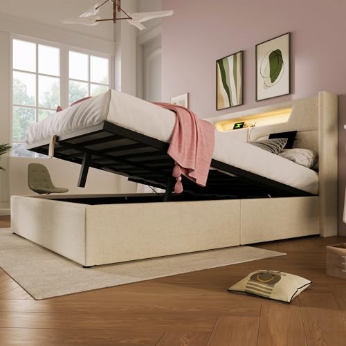 SUKY Polsterbett LED Doppelbett mit lattenrost, Stauraumbetten Bettgestell aus Leinenmaterial Jugendbett mit USB Typ C Ladefunktion und LED-Beleuchtung (Beige/Ohne Matratze, 140x200 cm) von SUKY