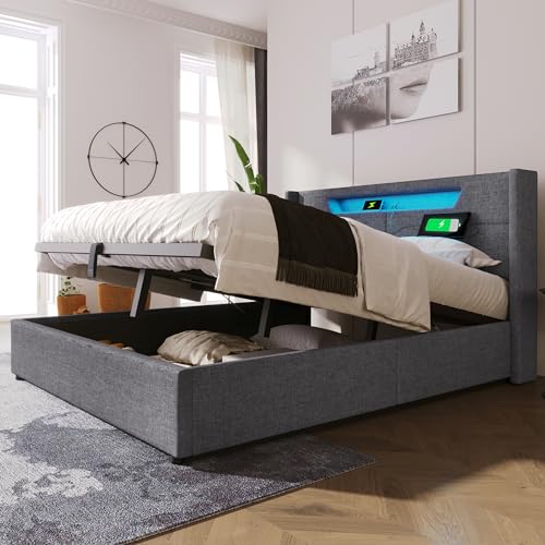 SUKY Polsterbett LED Doppelbett mit lattenrost, Stauraumbetten Bettgestell aus Leinenmaterial Jugendbett mit USB Typ C Ladefunktion und LED-Beleuchtung (Grau/Ohne Matratze, 140x200 cm) von SUKY