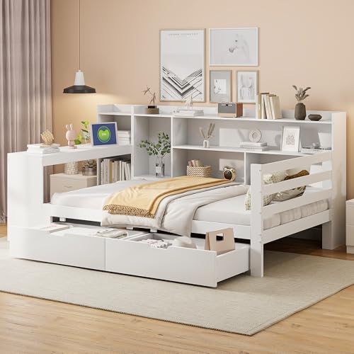SUKY Schlafsofa aus Massivholz, Mit Schreibtisch Bücherregal Ablagefächern und Regalen, Mit Steckdose, Multifunktionales Doppelholzbett, Mit 2 großen Ablagefächern (Weiß, 90 * 200 cm) von SUKY