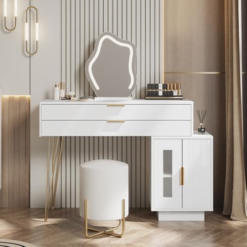 SUKY Schminktisch mit LED-beleuchtetem Spiegel, Weißes Schminktisch-Set mit ausziehbarem Design, moderner Kosmetiktisch für das Schlafzimmer, B100/H78/T40 cm (ohne Hocker) von SUKY