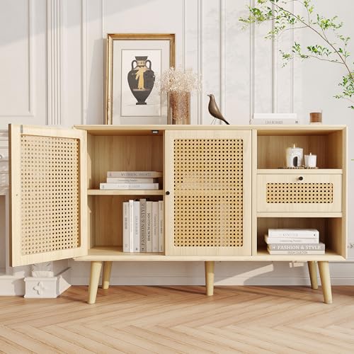 SUKY Sideboard, 120 x 40 x 80cm, Kommode mit 1 Schubladen und 2 Magnetische Türen, Rattangeflecht auf den Türfronten, Beine aus massivem Holz,Schwarz Metall Bügelgriff,verstellbare Ablagen von SUKY